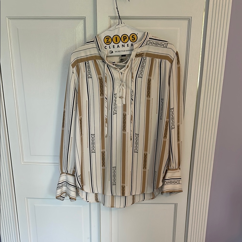 Ann Taylor Tan and White Striped Blouse